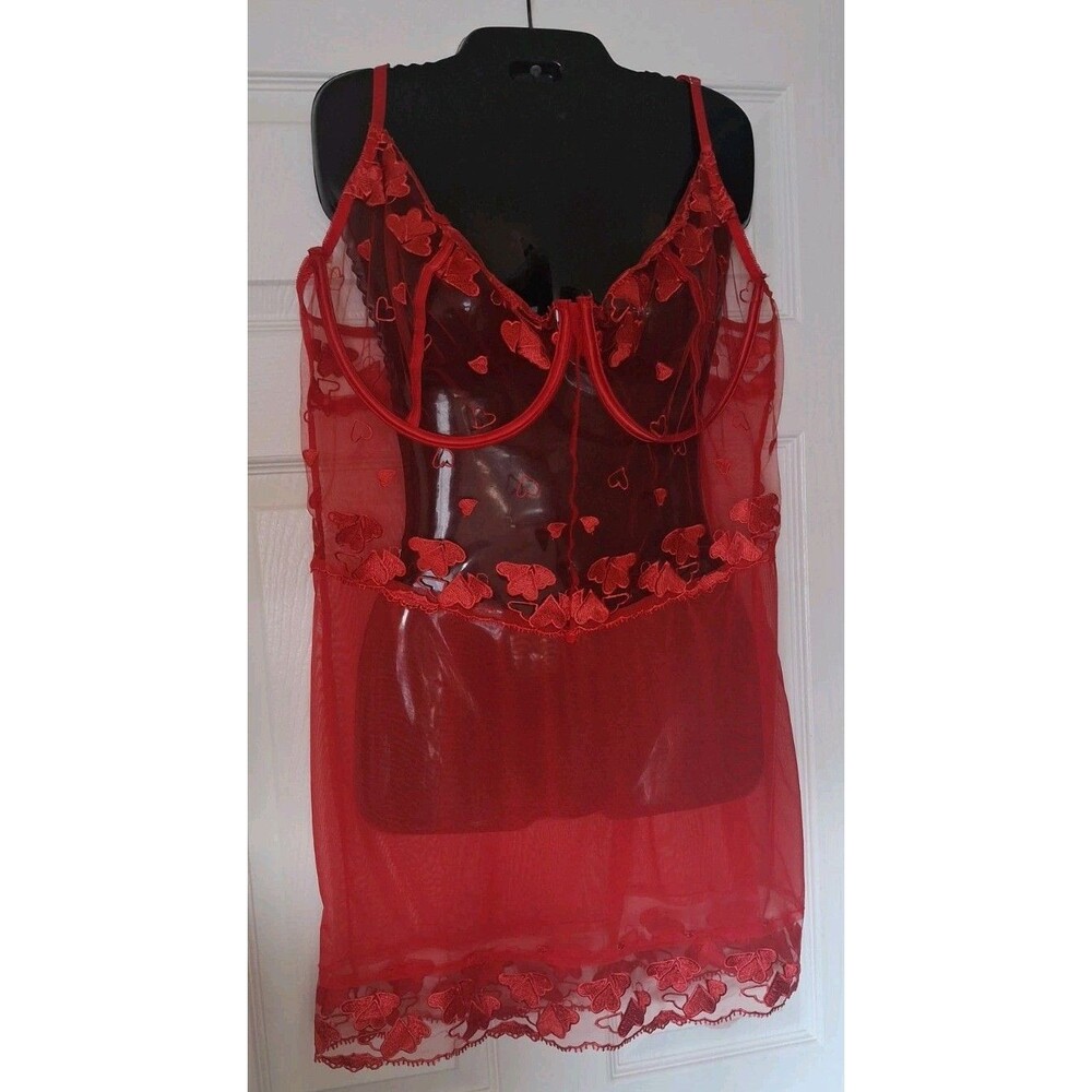 Sheer Babydoll Lingerie Nightgown Fashion Nova 1X Red Hearts Lace Underwire